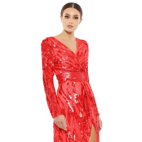 MAC DUGGAL 4635 Embellished Faux Wrap Open Back Gown Red Sequin 14 NEW - Picture 3 of 9
